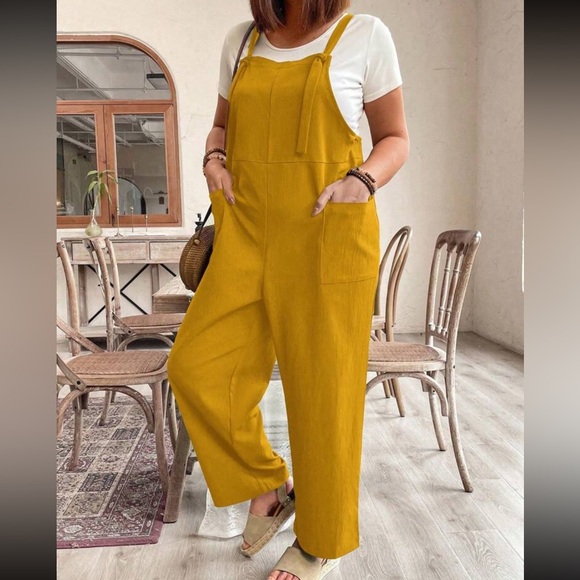 Boho Plus Size Pockets Straps Knot Wide Leg Jumpsuit - Picture 14 of 14